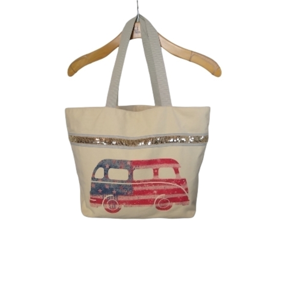 Maurices Large Tote Bag Americana USA Van Sequins Summer Patriotic Beach - Picture 2 of 13